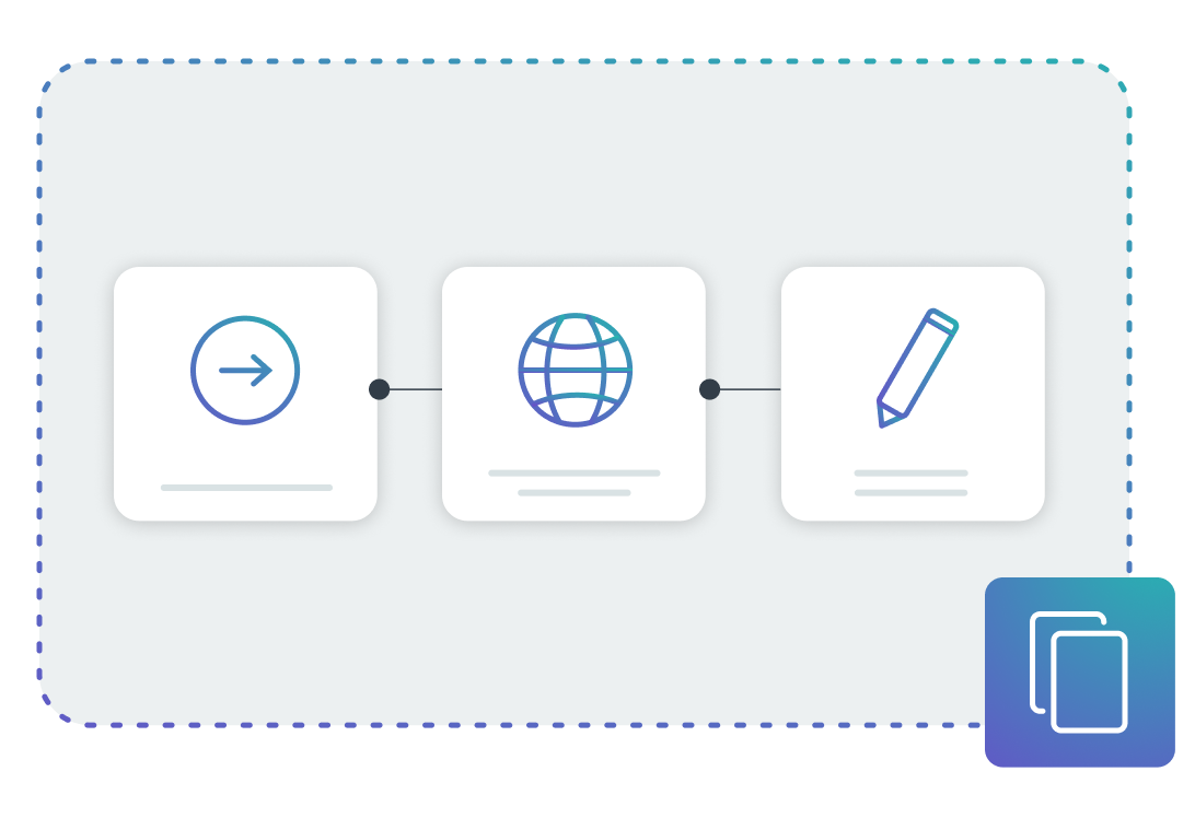 A graphic displaying three distinct blocks that visually represent the creation of a no-code workflow. A duplication icon is positioned in the bottom corner, indicating that these workflows are reusable.