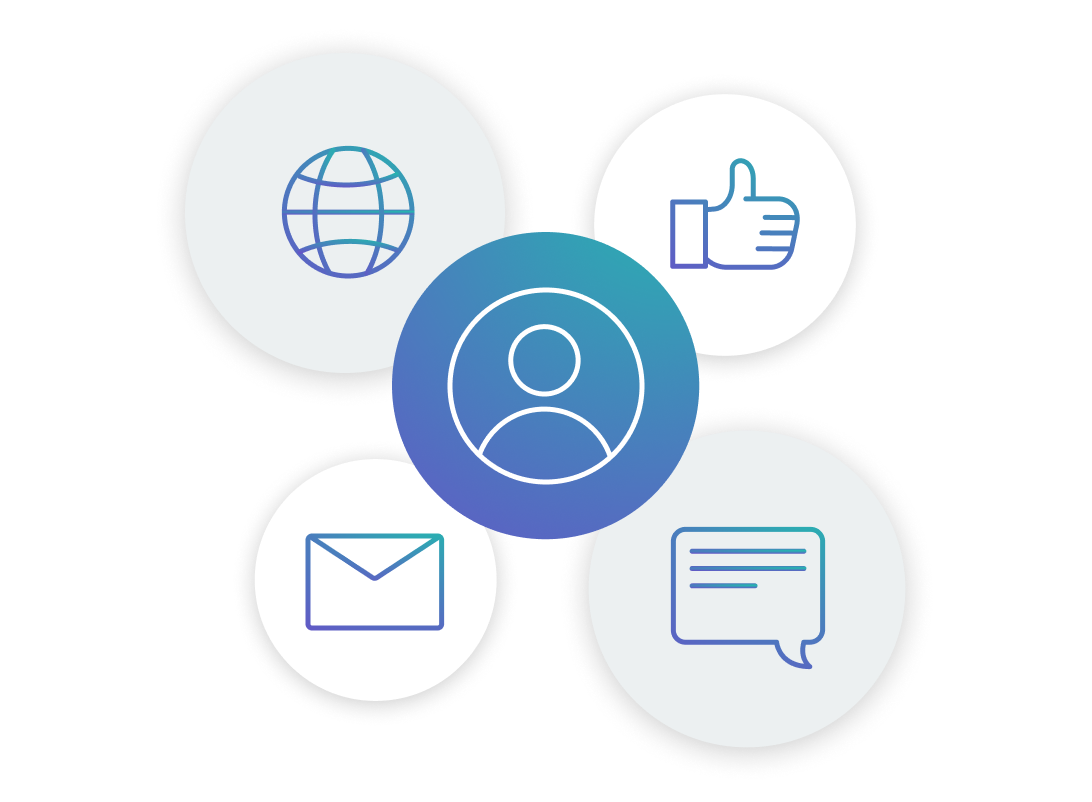 A central vector icon of a person. Four distinct icons surround it: a globe, a thumbs up, an envelope, and a speech bubble with text lines.