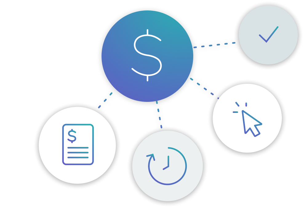 A icon of a dollar sign. Four icons branch off: a tick, a cursor arrow, a clock, and a payment bill.
