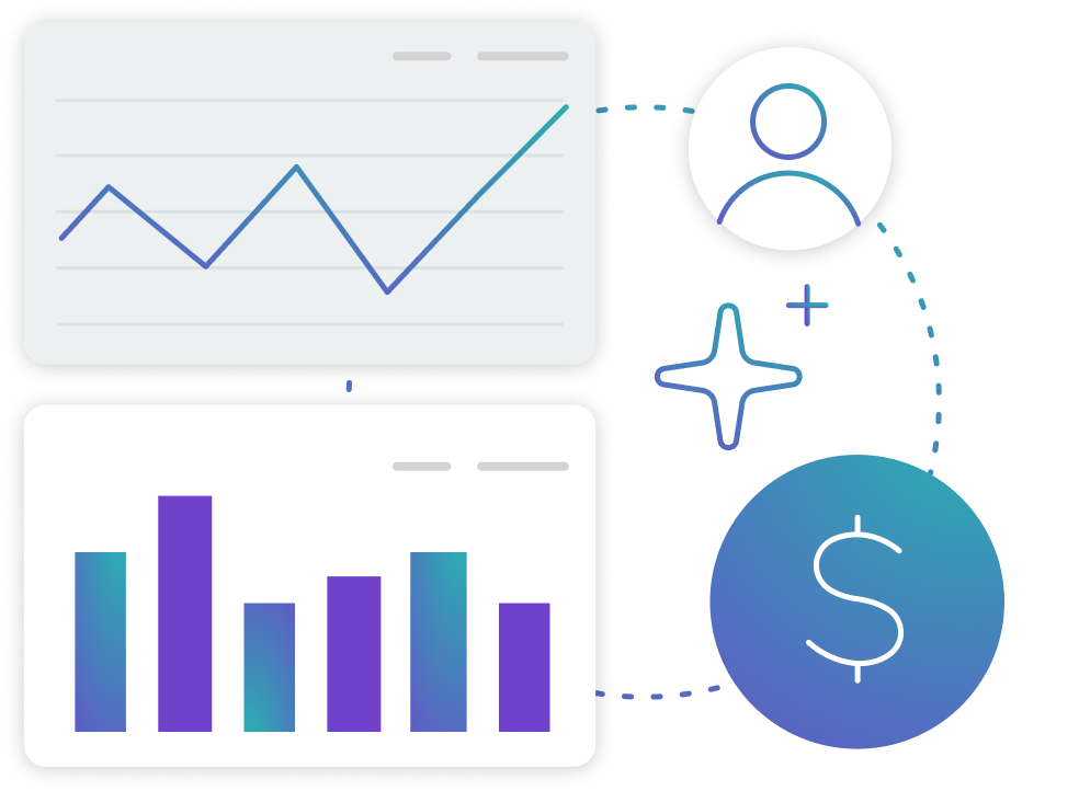 A graphic featuring a person icon, a dollar icon, an AI sparkle, and two graphs.