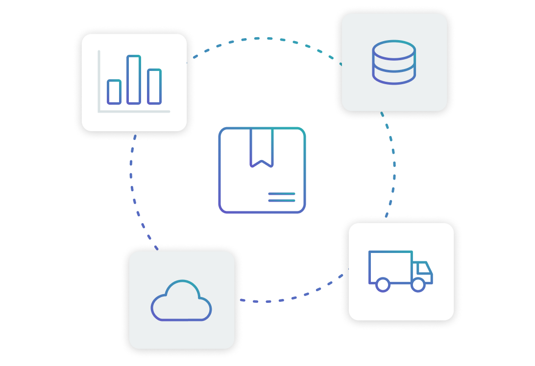 A vector graphic with a box product icon at its centre, surrounded by four other icons arranged in a circular path, depicting a journey. These icons are a bar graph, a stack of items, a cloud, and a delivery truck.