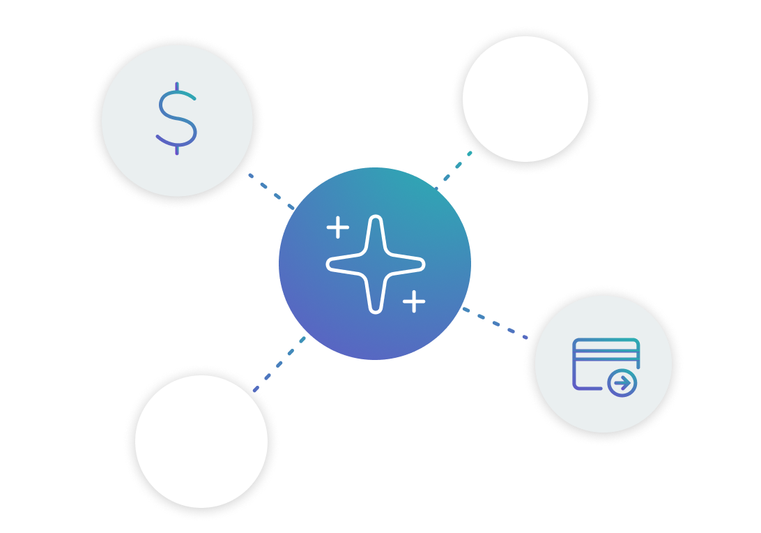 A minimalist vector icon: At the centre, an AI sparkle icon is surrounded by four connecting circles. Two of the circles contain symbols—a dollar sign and a credit card—while the other two are empty. This visually represents AI-driven billing automation.