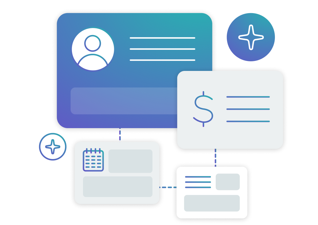 A minimalist vector image showing connecting CRM screens that display customer information, with an AI sparkle icon positioned nearby to denote artificial intelligence capabilities.