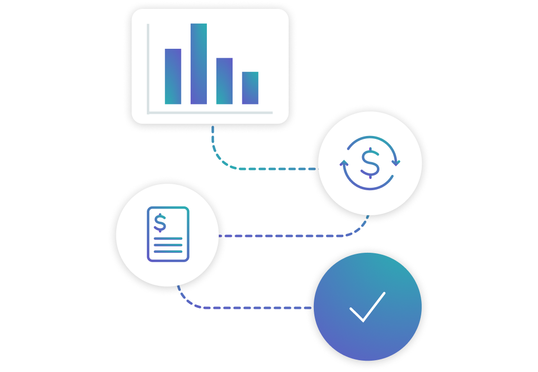 A minimalist vector image showing a four-stage journey - icon 1 is graph, icon 2 is recurring cycle dollar, icon 3 is billing report, icon 4 is tick.