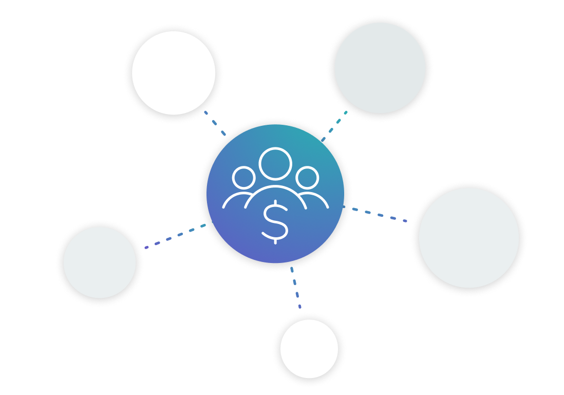 A minimalist vector icon features three people in the centre, accompanied by a dollar sign. Five interconnected circles branch out from this central element.
