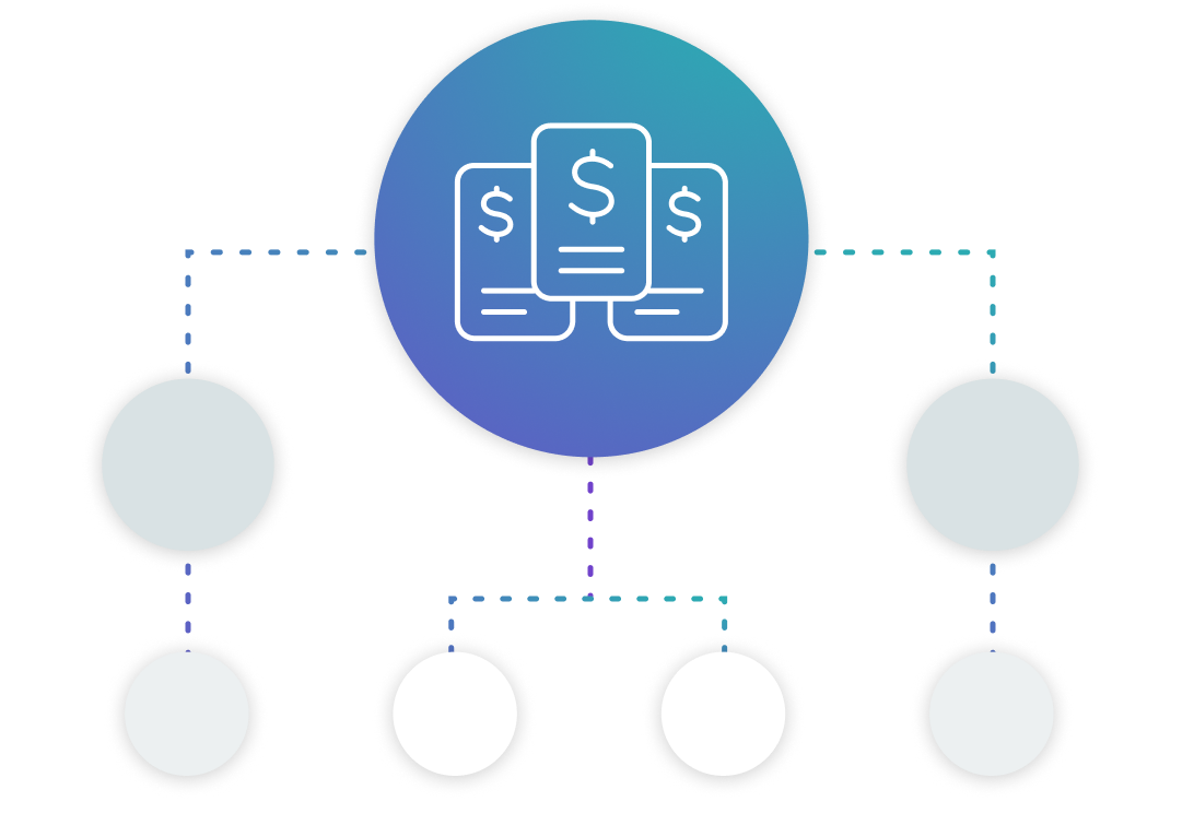 A minimalist vector icon depicts three mobile phones, each displaying a dollar sign, with several interconnected circles branching downwards from this central element.