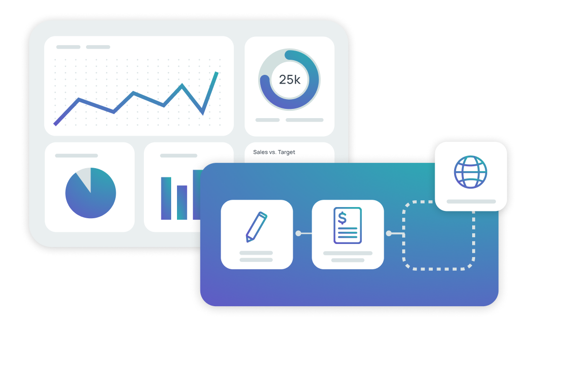 A vector icon featuring a digital dashboard alongside another icon representing a low-code interface.