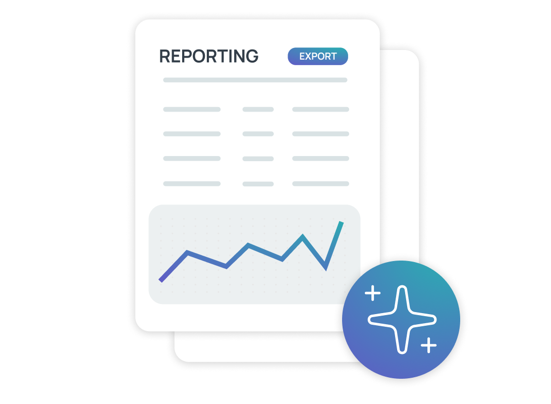 A minimalist vector icon featuring a report document, accompanied by an AI sparkle icon to signify integrated artificial intelligence capabilities.