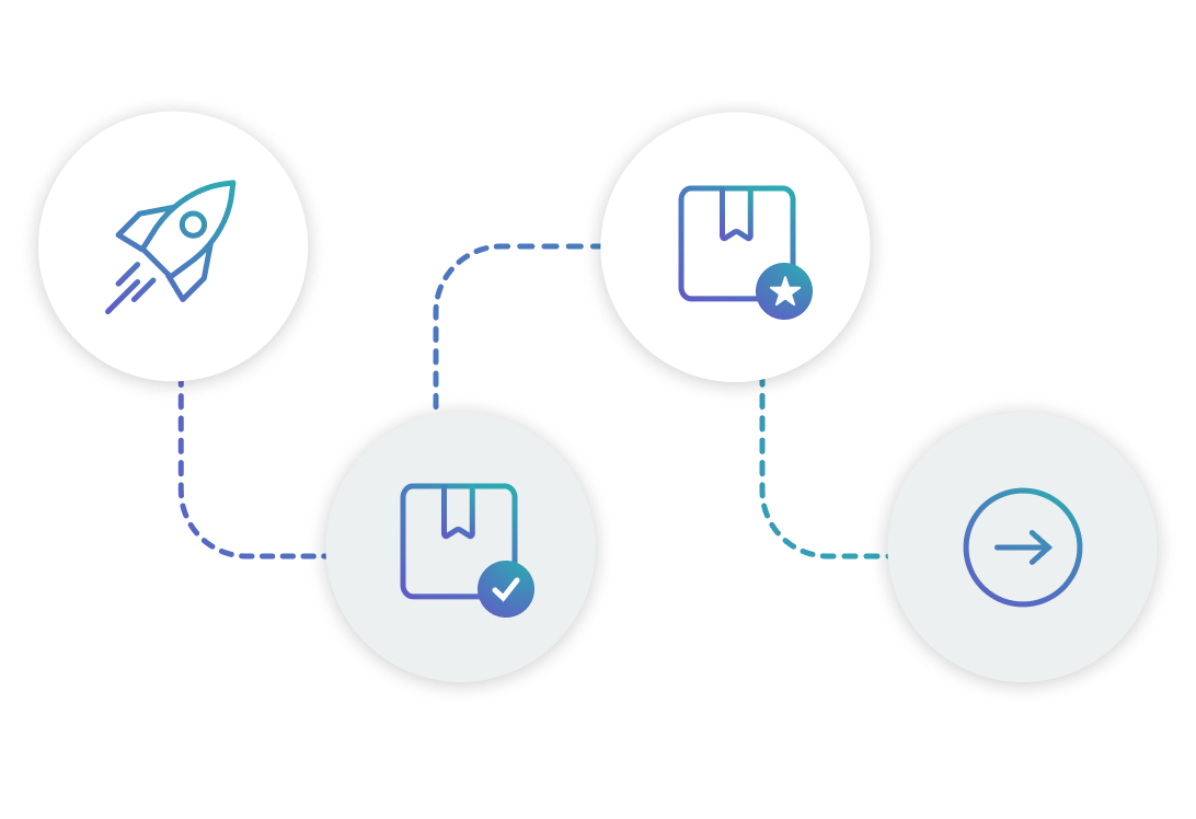 A vector graphic illustrating a journey path with four distinct icons: a rocket ship, a product box with a tick mark, a product box with a star, and a forward-facing arrow.